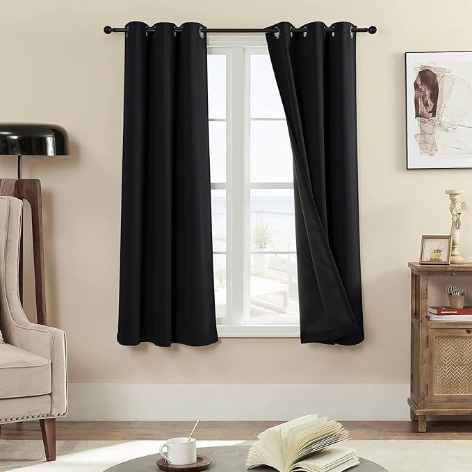 Rutterllow 100% Blackout Curtain Panels, Heat and Full Light Blocking Drapes with Grommets for Bedroom, Black Thermal Insulated Window Treatment Drapes for Living Room (Black, 2 Panels, 42 x 63 inch)