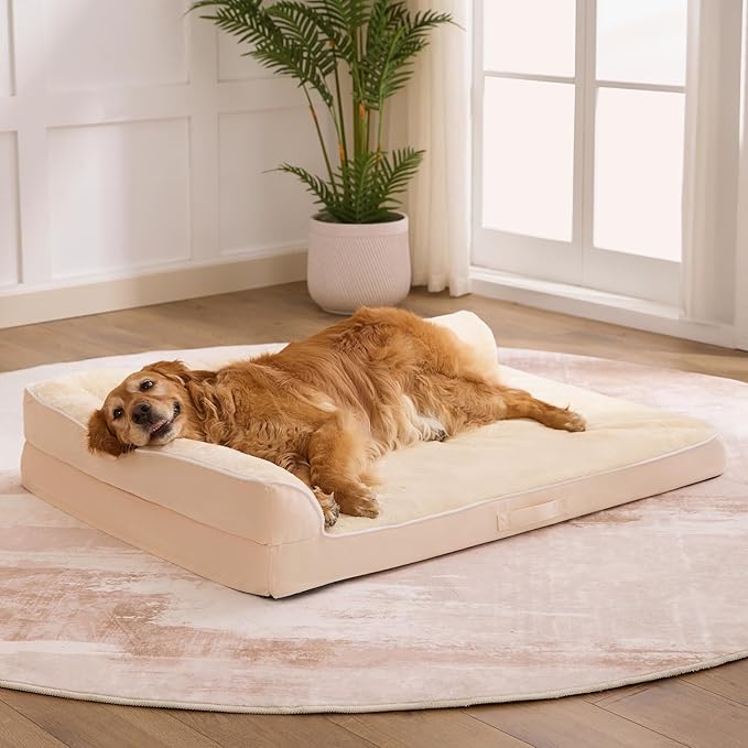 Aeroluxe Dog Bed Large Sized Dogs, Orthopedic Dog Bed for Large Dogs, Waterproof Pet Bed with Washable Removable Cover, L-Shaped Pet Couch with Portable Handle 36"x27"x6.5", Beige