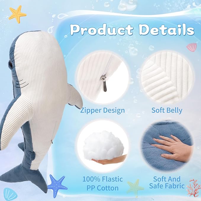 Tezituor 51inches Giant Whale Shark Stuffed Animal, 4.3ft Large Blue Stuffed Whale Shark Plush Body Pillow for Girls Boys, Realistic Plush Toy Christmas Birthday Ocean Theme Gift for Kids Adults