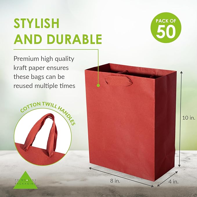 Prime Line Packaging Red Gift Bags, Kraft Paper Christmas Gift Bags with Handles for Kids, Holidays, Wrapping, Weddings, Party Favors, Small Shopping Bags, 8x4x10, 50 Pack