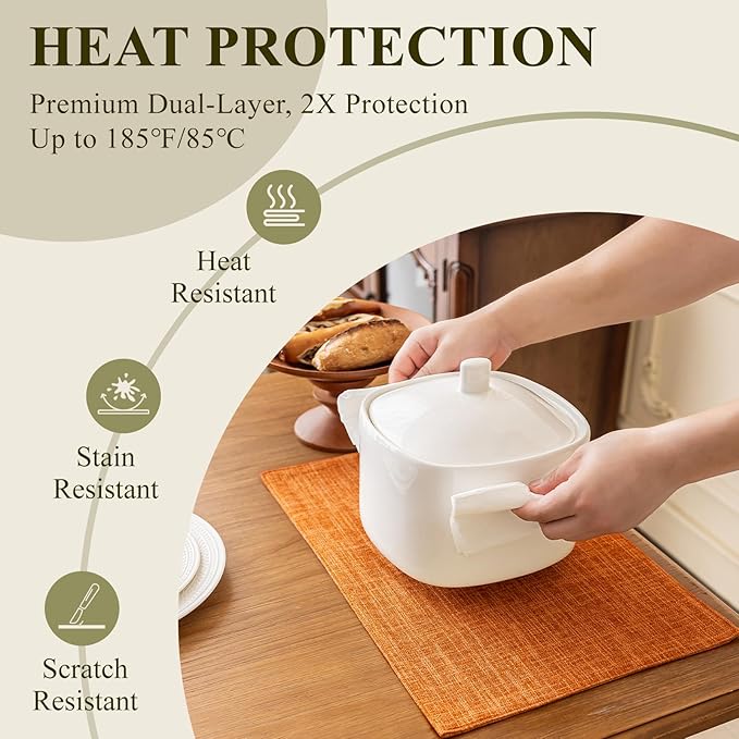 KXN Placemats Set of 6, Dual-Layer Thickened Faux Linen Table Mats, Heat Resistant & Wrinkle-Free, Machine Washable Cloth Place Mats for Kitchen Dining Indoor Outdoor (Orange)