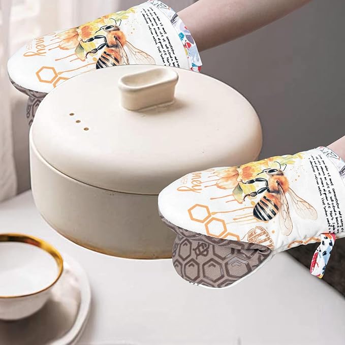 Mini Oven Mitts,2pk - Silicone Little Kitchen Gloves, Heat Resistant with Non-Slip Grip and Soft Quilted Cotton Lining for Safe Backing Cooking Barbecue (Khaki, Bee)