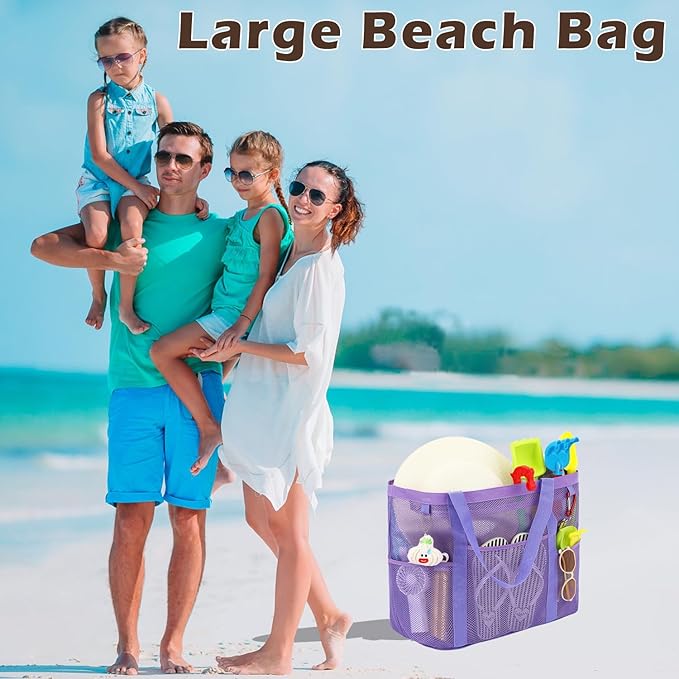 Fammart Mesh Beach Bag, Large Beach Tote Bags with Zipper, Toys Pool Bag for Family Travel Vacation Cruise Essentials