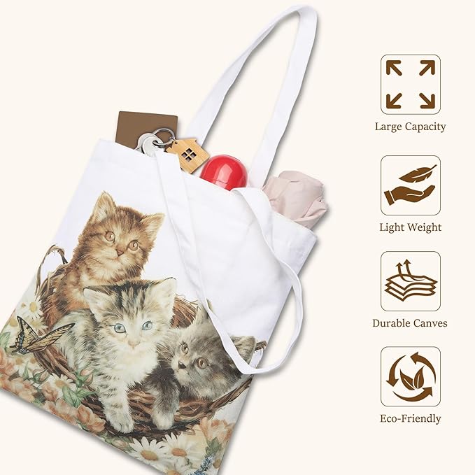 GICDSU Cats Cotton Canvas Tote Bag with Zipper, Reusable Grocery Bags, Beach Foldable Tote Bag for Women, Funny Totebag with Inner Pocket for Shopping Travel Gym Work