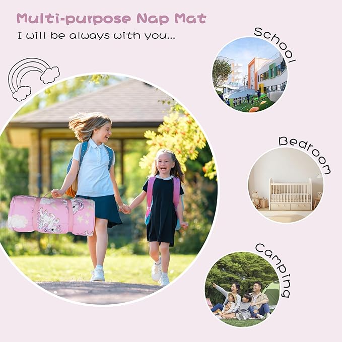 Hi Sprout Toddlers Nap Mat with Removable Pillow and Soft Blanket, Lightweight Daycare Preschool Kindergarten Sleeping Bag, Travel Slumber for Kids Girls Boys