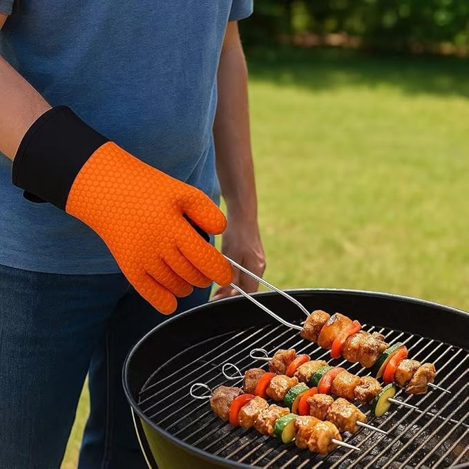 Orange Heat Resistant Oven Gloves, Silicone Kitchen Mitts, Non-Slip Pot Holder Gloves, 1 Size Fits All, Water Proof Men & Women Kitchen Glove for Cooking,Baking,BBQ, Single Glove