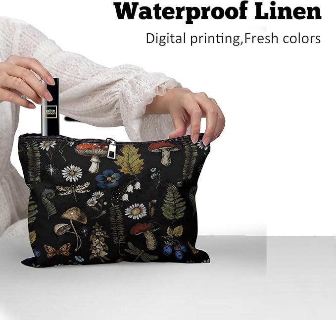 Cafl Vintage Woodland Makeup Bag Travel Large Mushroom Fern Cosmetic Bag Organizer toiletry Essentials Jewelry Skincare Zipper Bag For Women -10×8 inch