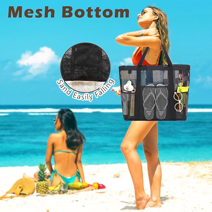 Fammart Mesh Beach Bag, Large Beach Tote Bags with Zipper, Toys Pool Bag for Family Travel Vacation Cruise Essentials