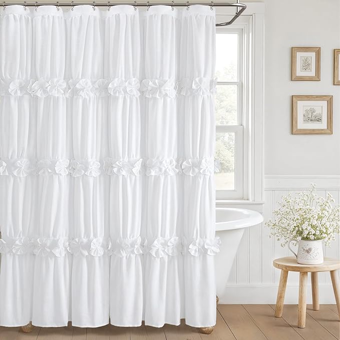 XOGUIBO White Ruffle Shower Curtain with Handmade Bow Tie, Linen Vintage Farmhouse Shower Curtain for Bathroom, 72" W x 72" H