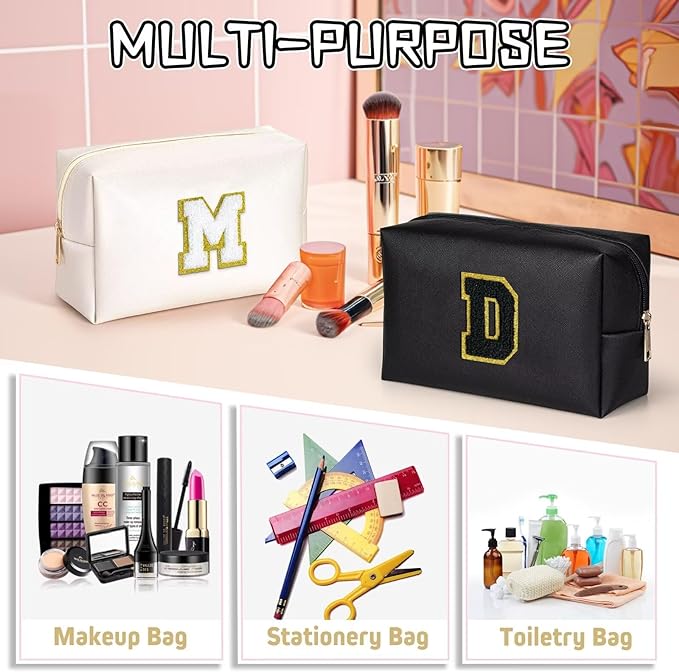 TOPEAST Small Makeup Bag Initial Cosmetic Bag Travel Toiletry Bag, Personalized Birthday Gift for Mom Sister Friends Teacher Nurse, Preppy Travel Stuff for Girls (Black O)