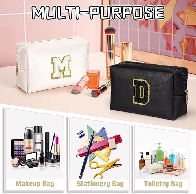 TOPEAST Preppy Stuff for Girls, Initial Makeup Bag Chenille Letter Pouch Cosmetic Bag with Zipper, PU Leather Waterproof Toiletry Bag, Cute Stuff Birthday Gift for Friends Sister (Black T)