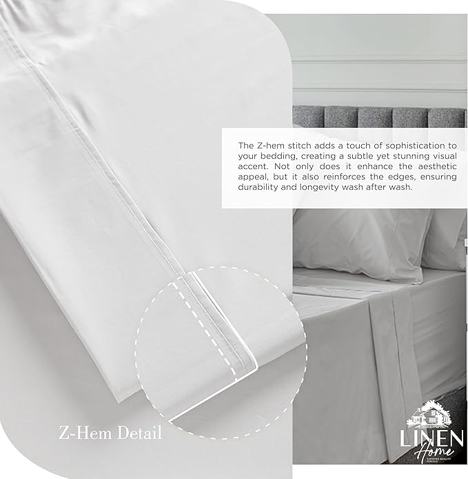 Linen Home 100% Cotton Percale Sheets Queen Size, Silver, Deep Pocket, 4 Pieces Set - 1 Flat, 1 Deep Pocket Fitted Sheet and 2 Pillowcases, Crisp Cool and Strong Bed Linen