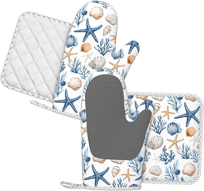 Oven Mitts Pot Holders Set Blue Seashell Starfish Childish Silicone Kitchen Gloves Potholders Heat Resistant for Chef Baking Cooking Grilling BBQ 4 Pack Mitt