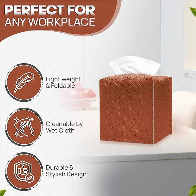 Tissue Box Cover Holder, PU Leather Tissue Box Cover with Braided Pattern, Square Tissue Holder with Bottom Belt, Modern Organizer for Bathroom, Car, Office,(Saddle Brown, 12 Braided Patterns)