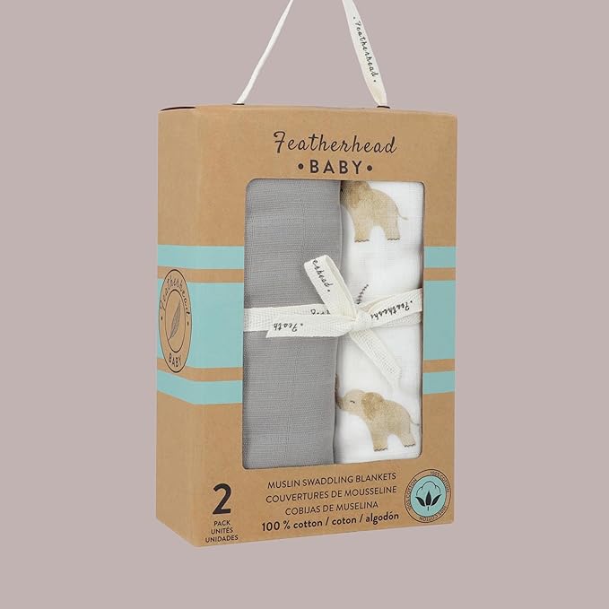 Featherhead™ 100% Cotton Muslin Swaddle Blankets for Baby Girl - Large 47”x 47” - Pre-Washed, Soft, & Breathable - Newborn Essential & Perfect Baby Registry Gift (2 Pack - Elephant)