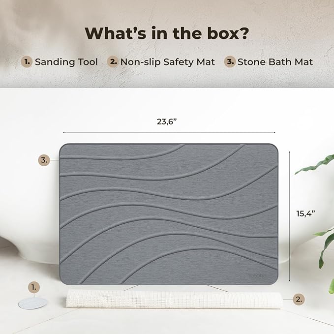 TOSORO - Stone Bath Mat, Diatomaceous Earth Non-Slip Stone Shower Mat - Quick Drying Absorbent Bath Mats for Bathroom - Elegant & Modern Design, Easy to Clean (23.5 x 15) - Graphite