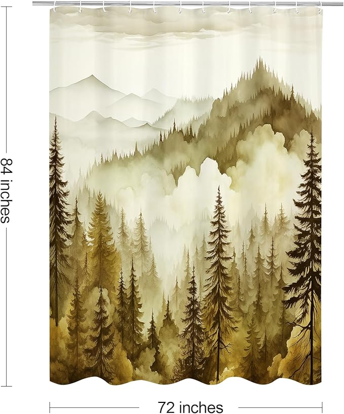 Litabel Yellow Extra Long Misty Pine Forest Shower Curtain 72 x 84, XL Mountain Foggy Woodland Scenery Tree Shower Curtains for Bathroom, Abstract Waterproof Nature-Themed Decor