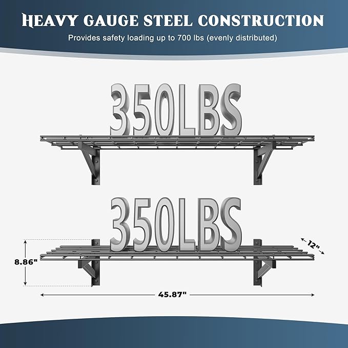 Jusgym 2 Pack Heavy Duty Garage Wall Shelving Set (1x4ft), Wall Mounted Garage Shelves 700lbs Capacity, 12"x48" Shelf Storage Rack Floating Shelves, Black