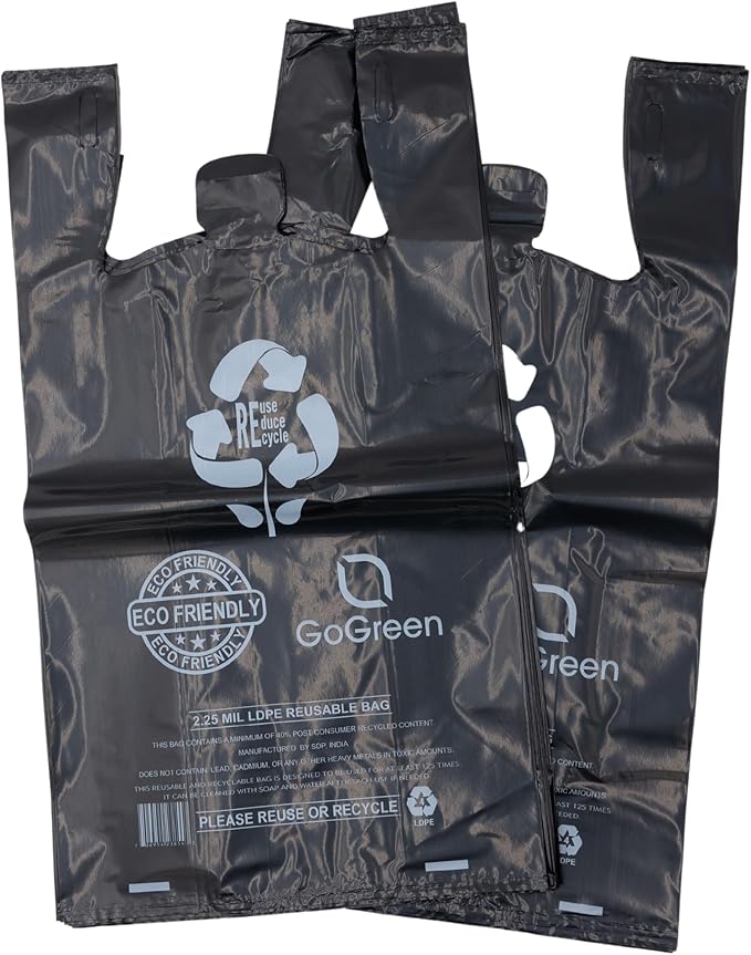 ASSUREPAK Black Reusable/Eco-Friendly LDPE T-Shirt - 1/6 BBL 11.5"X6.5"X21" - 200 Bags - 57 Micron (2.25 mil) - Black - BLKLD40REC225REUSE1221