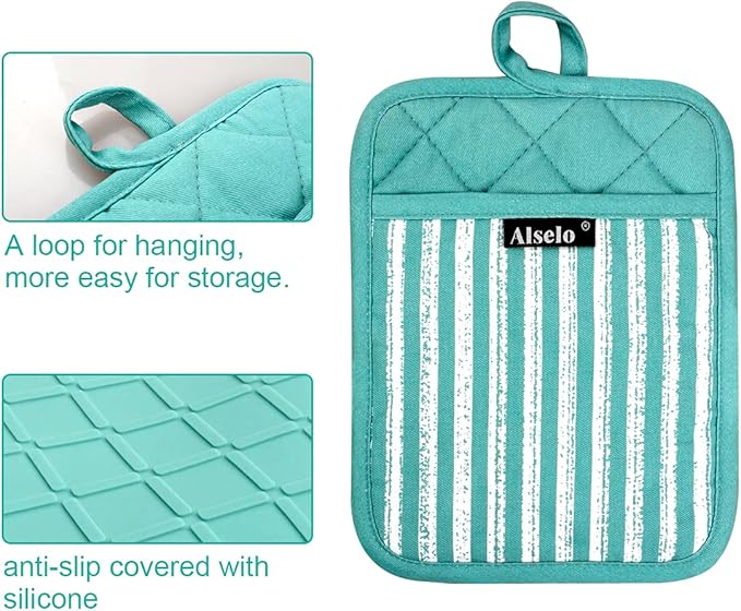 Silicone Pot Holders Set of 3 Heat Resistant & Non Slip Potholders, Professional Oven Hot Pads with Pockets Mitts for Kitchen Cooking Baking Barbecue