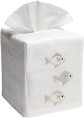 Jacaranda Living Square Tissue Box Cover, Linen/Cotton Fabric Tissue Holder, Decorative Cloth Tissue Cube Cover, Coastal Designs School of Fish, Aqua