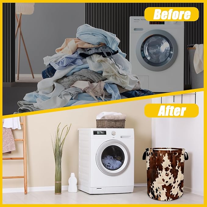 Brown Cowhide Laundry Basket,Laundry Hamper With Handles Collapsible Laundry Baskets Waterproof Dirty Clothes Hamper Storage Basket Toy Bins For Room Bathroom Bedroom Decor