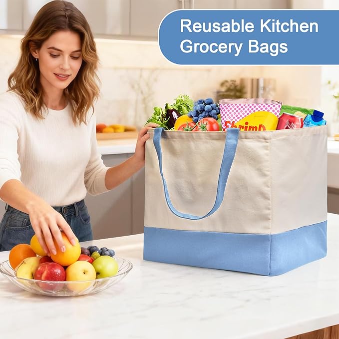 CNaiyunpin Reusable Grocery Bags Heavy Duty, 8.3 gal Foldable Large Canvas Tote Bag with Handles, Holds 60 lbs Canvas Shopping Bags, 3 Pack（Off White+Light Blue）