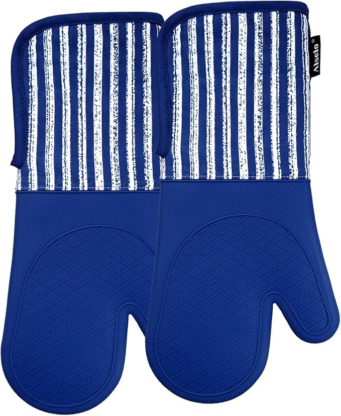 Silicone Oven Mitts Heat Resistant 932℉ with Waterproof & Non-Slip Kitchen Mittens, Set of 2 Extra Long Oven Gloves with Soft Cotton Terry Lining for Baking Cooking Barbecue (Cobait Blue, 2)