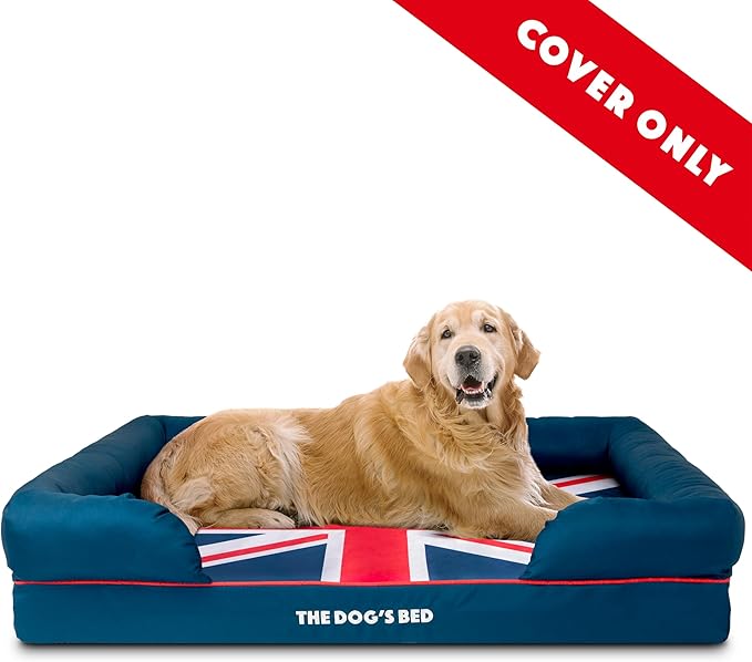 The Dog's Bed Replacement Outer Cover ONLY for The Dog's Bed, Washable Oxford Fabric, Extra Large (Blue with Red Piping UK Flag Embroidery & Centre Flag) Veterinary Approved