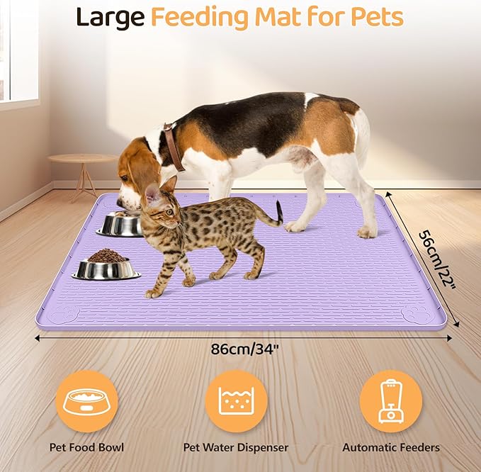 Bartuke Dog Food Mat, Extra Large 34" x 22" Silicone Pet Feeding Mat with Raised Edge Pet Placemat for Small, Medium, and Large Pets Non-Slip, Easy to Clean (Purple)