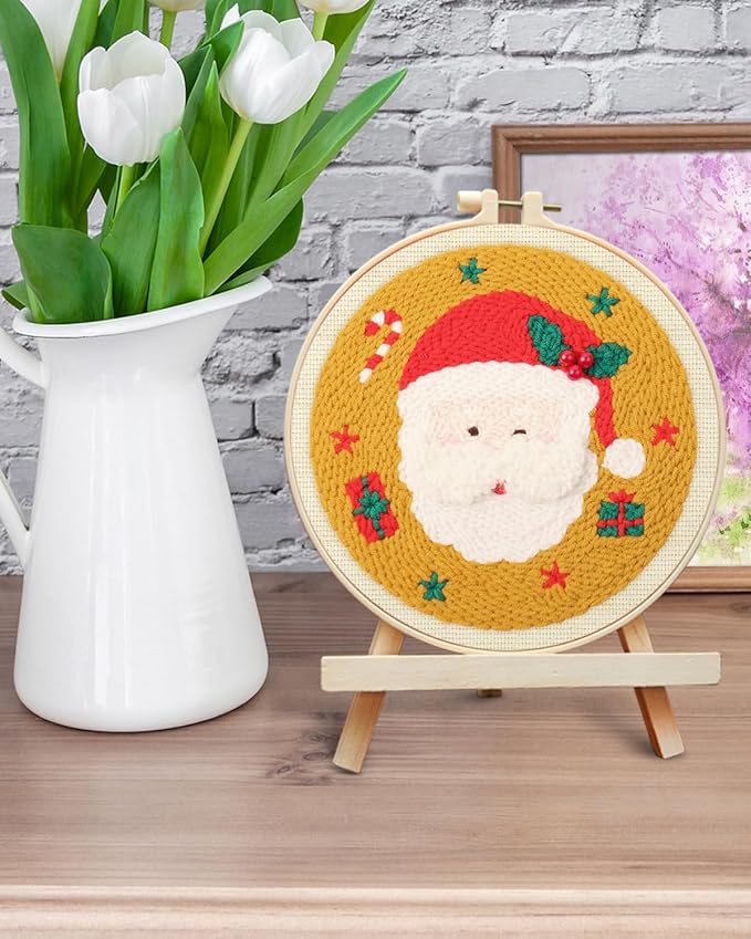 ERKOON Christmas Punch Needle Kit Adults Beginners, DIY Easy Christmas Embroidery Set for Starter Art Craft, Needling Punch Project with Patterns, Tools, Yarns, Hoop, Instruction (Santa Claus)
