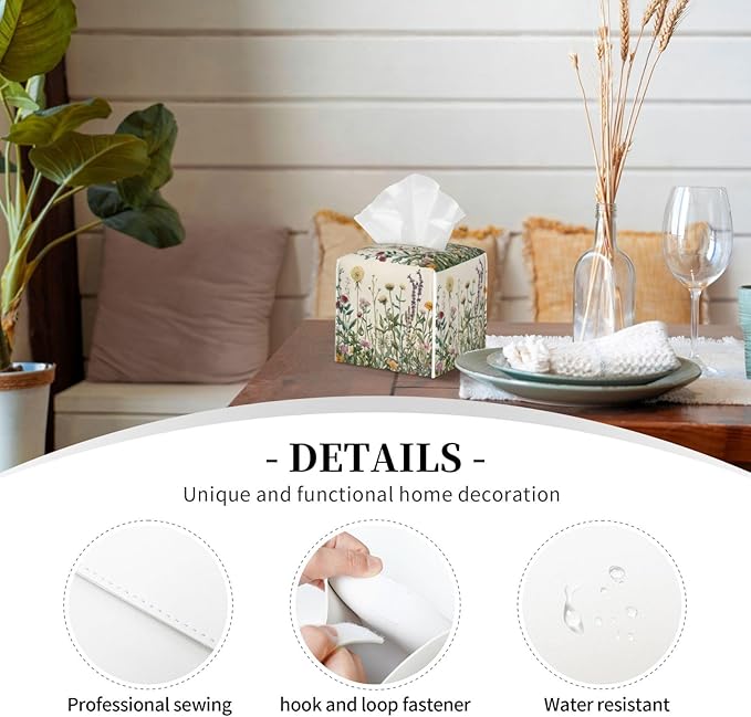 Vintage Dandelion Herbs Tissue Box Cover Spring Summer Wild Flowers Florals Square Leather Tissue Holder Decorative Facial Tissue Cube Paper Cover Case Organizer for Bathroom Night Stands Desk Home