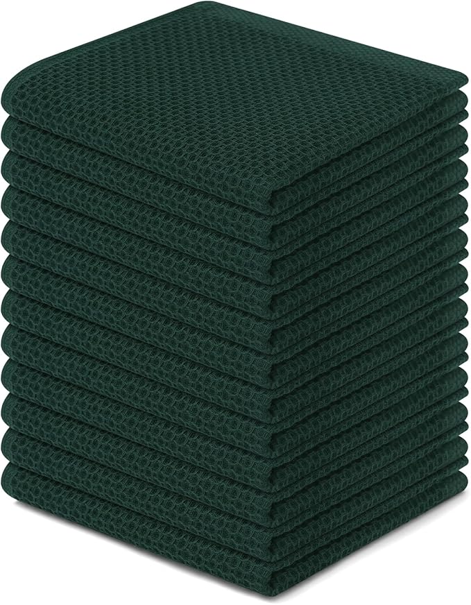 Kitinjoy 100% Cotton Kitchen Dish Cloths, 12 Pack Waffle Weave Ultra Soft Absorbent Dish Towels for Drying Dishes Quick Drying Kitchen Towels Dish Rags, 12 X 12 Inches, Blackish Green