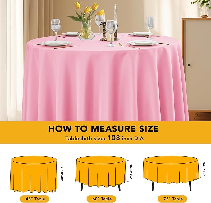 10-Pack Pink Round Tablecloths, 108 Inches, Stain-Resistant Polyester for 4-5 Ft Round Tables - Washable Table Covers for Weddings, Banquets, Birthday Parties, Events