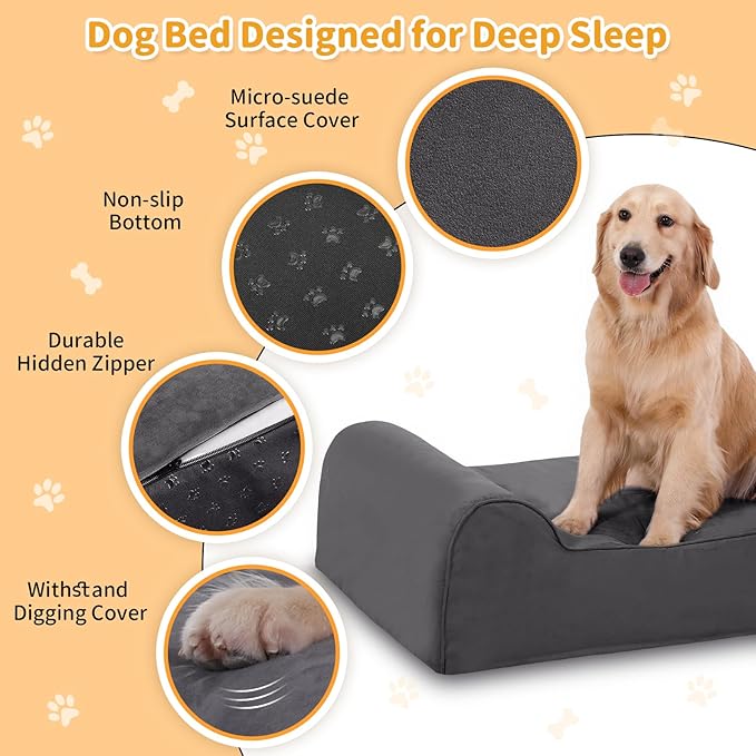 Rainmr Orthopedic Dog Beds for Large Dogs, 7" Memory Foam Dog Beds with Waterproof Liner, Durable Microsuede Cover, Removable and Washable, Nonskid Bottom, 48"x30"x7" L Grey
