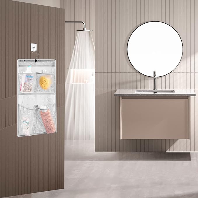 ANZORG Mesh Shower Organizer Hanging Caddy Quick Dry Bathroom Storage for Toiletry Accessories with Rotating Hanger (4 Pockets)