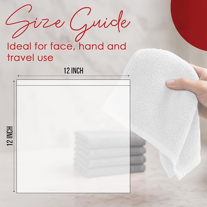 RIVERSIDE 12 Pack Washcloths - 12x12 Inches, 500 GSM, 100% Ring-Spun Cotton - Soft, Absorbent & Durable Face and Body Towels - for Bathroom, Spa, Gym, Makeup Removal & Everyday Use - White