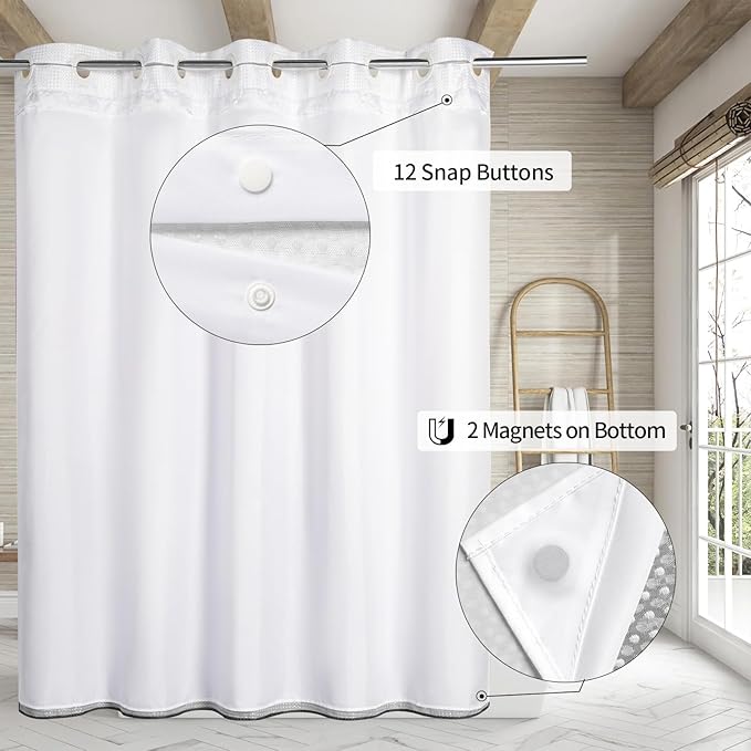MitoVilla No Hooks Needed Black Ombre Waffle Shower Curtain Liner Set, Modern Waffle Weave Heavy Duty Fabric Cloth Shower Curtain with Snap-in Liner for Luxury Neutral Hotel Spa Bathroom Decor