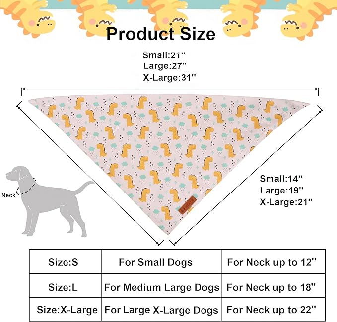 ADOGGYGO Dinosaur Dog Bandanas, Colorful Dino Pattern Pet Scarf, Premium Soft Fabric, Adjustable Fit Dinosaur Bandanas for Extra Large Dogs (X-Large)