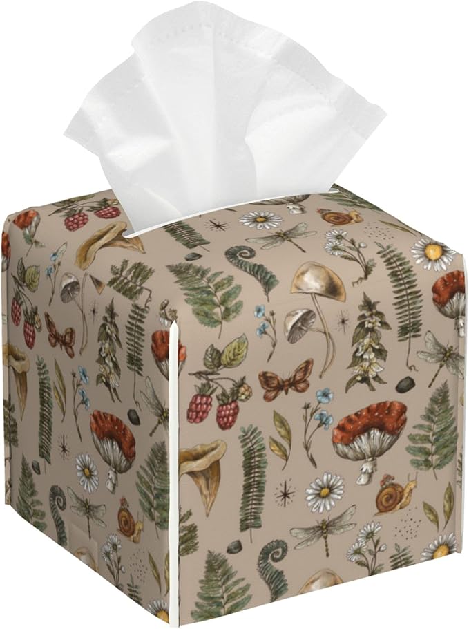 POIUBLE Woodland Fern Mushroom Tissue Box Cover Leather Tissue Box Holder Square Facial Paper Organizer Dispenser for Bathroom Kitchen Bedroom Vanity Countertop Night Stands