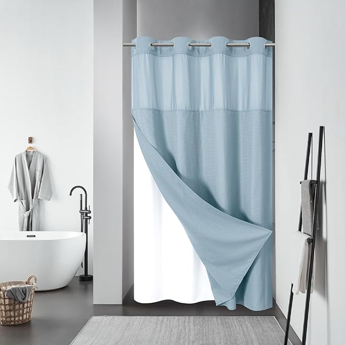 eachope Teal No Hook Waffle Weave Shower Curtain with snap-in Liner Replacement, 230GSM Waterproof Fabric Hotel Shower Curtain Set for Bathroom, Through Mesh Top Window,54Wx80H