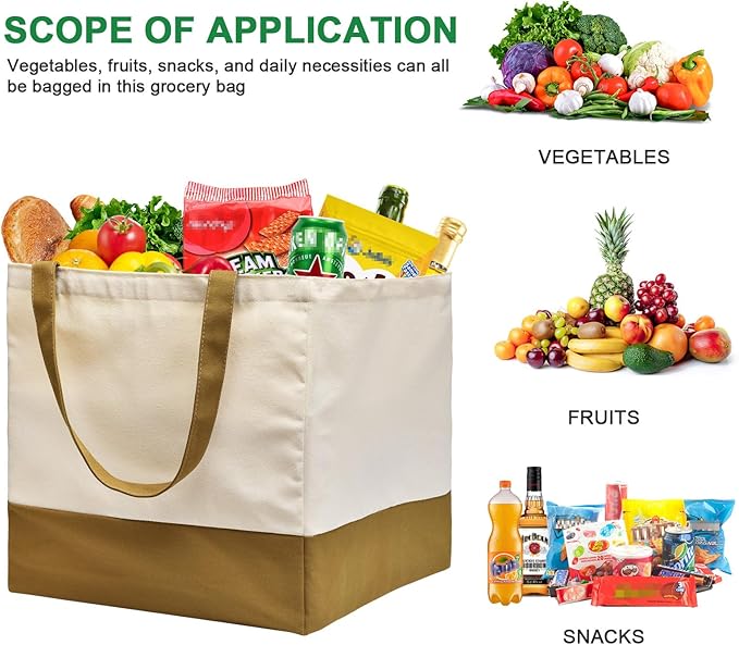 CNaiyunpin 3 Pack Canvas Reusable Grocery Bags Heavy Duty, 8.3 gal Foldable Large Tote Bag with Handles, Holds 60 lbs Canvas Shopping Bags & Washable Eco-friendly Bags with 5 Pockets, camel+Off white