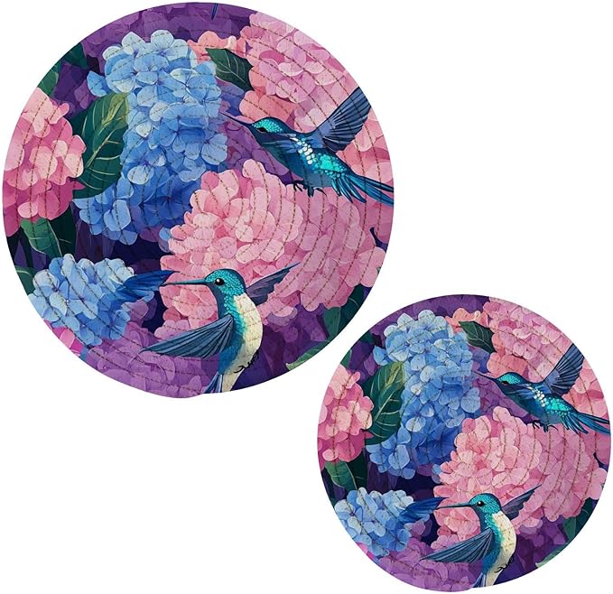 Pink Hydrangea Hummingbird Trivets for Hot Dishes Pots and Pans Potholders Woven Trivet Cotton Round Large Pot Holder Decor Heat Resistant Hot Pads Mat for Table Counter Cooking Potholder Set o