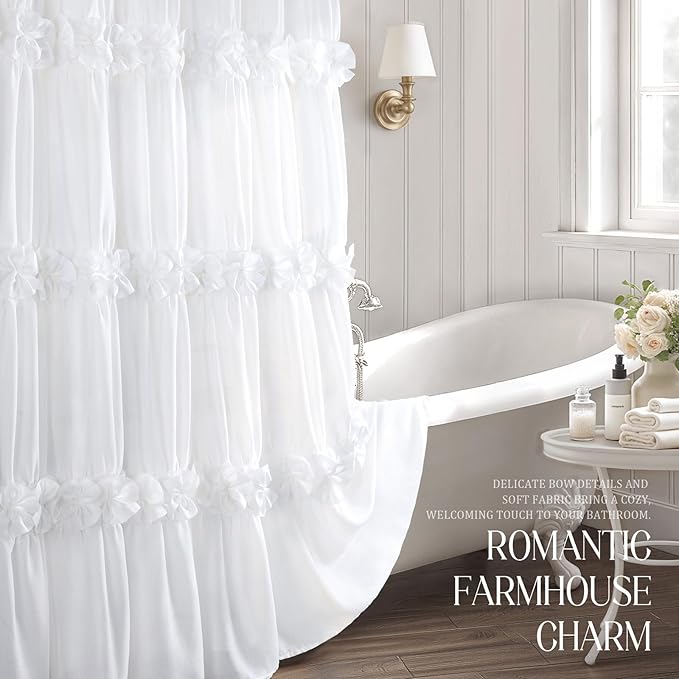 XOGUIBO White Ruffle Shower Curtain with Handmade Bow Tie, Linen Vintage Farmhouse Shower Curtain for Bathroom, 72" W x 72" H