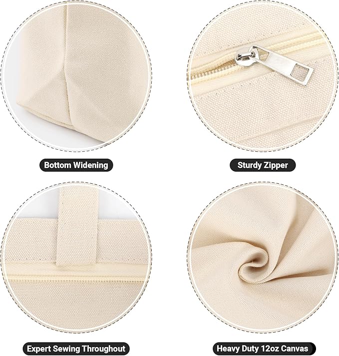 Segarty Canvas Bag with Zipper, 12 Pack 18x15 Blank Canvas Tote Bags for Women, Reusable Bags Aesthetic with Natural Cotton Cloth, Shoulder Strap, Bulk for DIY, Grocery, Beach, Travel，Gift