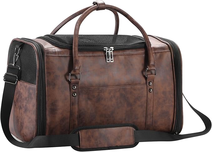 Johomviin Stylish Leather Pet Carrier for Small Dogs and Cats Up to 15 lbs, Airline Approved Lightweight Travel Tote with Breathable Mesh and Shoulder Strap Coffee