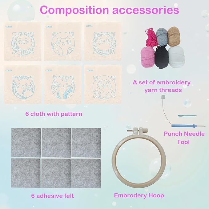 57lilina Punch Needle Coaster Kit for Adults Beginners, 6 Set Complete Animal Cat Punch Needle Stitching Embroidery Art Kit, Step-by-Step Guide Make Punch Needling Drink Coasters for Starter