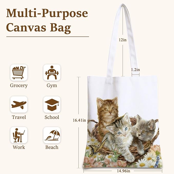 GICDSU Cats Cotton Canvas Tote Bag with Zipper, Reusable Grocery Bags, Beach Foldable Tote Bag for Women, Funny Totebag with Inner Pocket for Shopping Travel Gym Work