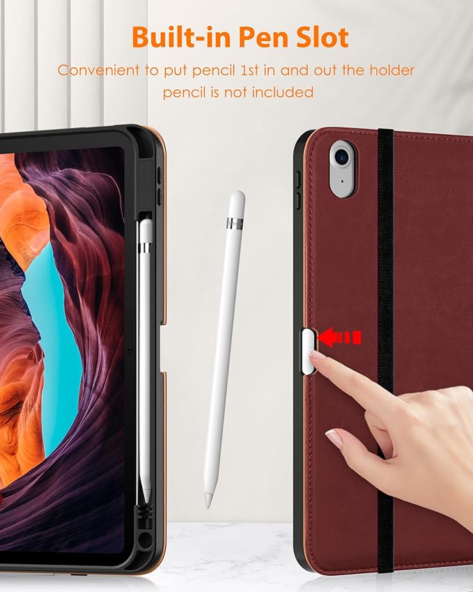 DTTO for iPad (A16) 11th Generation Case 11 Inch 2025, iPad 10th Generation Case 10.9 Inch 2022, Premium Leather Business Folio Stand Cover with Pencil Holder - Auto Wake/Sleep, Burgundy Red