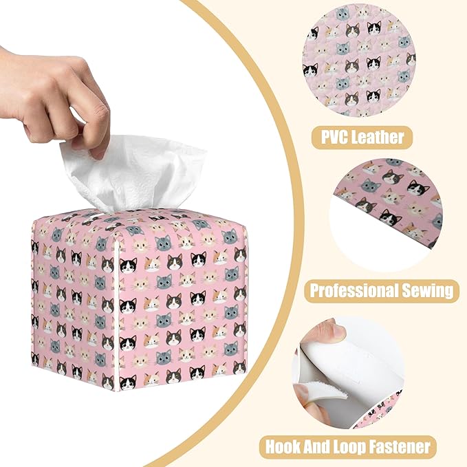 Leather Tissue Box Holder Cute Cat Faces Tissue Box Cover Facial Paper Case Organizer Cube Napkin Dispenser for Bathroom Vanity Countertop Night Stand Office Car